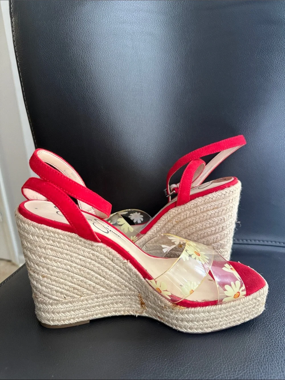 Jessica Simpson Red Suede Espadrille Wedge Sandals with Floral Clear Straps